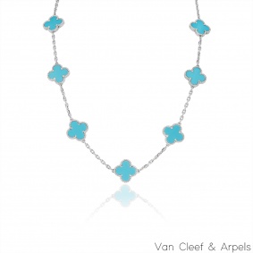Van Cleef & Arpels White Gold Turquoise Vintage Alhambra 10 Motif Necklace VCARB84900